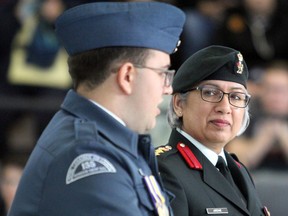 155 Borden Gray G.C. Squadron Royal Canadian Air Cadets 75th annual review at Sault Ste. Marie Armory in Sault Ste. Marie, Ont., on Saturday, May 6, 2017. Col. Nishika Jardine and W/O 2 Benn Fisher (BRIAN KELLY/THE SAULT STAR/POSTMEDIA NETWORK)
