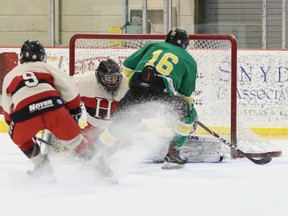 Larry Pawlenchuk led the way with a pair of goals as the Sherwood Park Junior B Knights won the second game of their series against the Fort Saskatchewan Hawks last Tuesday at the Arena. Photo courtesy Target Photography