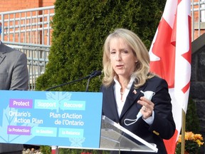 Merrilee Fullerton, minister of long-term care, announces more money for care homes in front of Maple View Lodge. (WAYNE LOWRIE/The Recorder and Times)