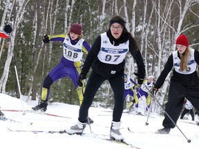 Skiers climb The Wall at the Laurentian University Trails during the NOSSA Nordic Skiing Championships  in Sudbury, Ont. on Tuesday February 13, 2018. Sudbury is hosting the OFSAA nordic ski championships February 22 and 23 at Laurentian.