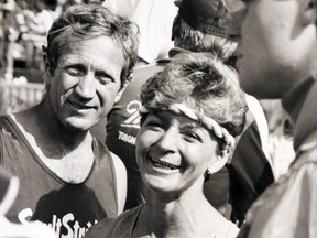 Laura Ouelette and her trainer Jim Lynn at a Toronto marathon. TOM LYNN/SAULT STAR FILE PHOTO