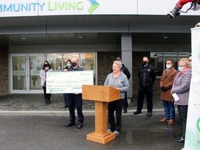 Maureen Brazeau of Rebuilt Resources presents a cheque for $7,500 to Community Living North Bay, Monday, to kick off the 2022 North Bay Firefighters' calendar campaign. Proceeds from the sale of the calendars will help Community Living's Outcomes Fund.
PJ Wilson/The Nugget