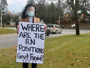 The staff and nurses at the Haldimand Norfolk Health Unit held a protest over their lunch hour on Friday to draw attention to their working conditions throughout the pandemic. Among them was Melanie Holjak, the Ontario Nurses’ Association bargaining unit president and a public health nurse at HNHU. (ASHLEY TAYLOR)
