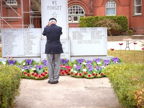 A single wreath was placed during the ceremony at the base of the cenotaph as crowds were urged to stay home and watch the ceremony virtually. Jesse Lambert