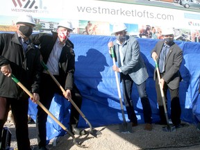 A groundbreaking for the 70,000 sq. ft., $22-million West Market Lofts residential-commercial project in Exeter was held Nov. 12. From left are South Huron chief administrative officer Dan Best, Huron-Bruce MP Ben Lobb, developer John Knifton of JK Development, South Huron Mayor George Finch and Huron-Bruce MPP Lisa Thompson.