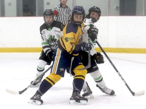 Grande Peace Athletic Club U15 AAA Storm forward Caden Krebs in Alberta Elite Hockey league action at the Crosslink County Sportsplex last month. The province enacted a mandatory two-week ban on minor hockey in Alberta, shutting down seven GPAC teams.