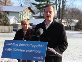 With Aylmer Mayor Mary French behind him, Elgin-Middlesex-London MPP Jeff Yurek was in Aylmer Tuesday to announce $1.5 million in provincial funds to support an affordable housing project in the community east of St. Thomas. JONATHAN JUHA/The London Free Press