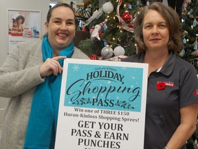 Beginning on Thursday, November 12 and running until December 24, make a purchase at one of the participating businesses and receive a sticker for every $10 spent. Spend a total of $150 and receive a chance to win one of three $150 Huron-Kinloss shopping sprees. Pictured, from last year, are Nicole Griffin and Anne Procter, an employee at Lucknow's Pharmasave. Hannah MacLeod/Lucknow Sentinel