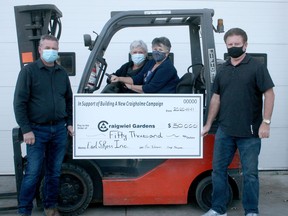 The 'Building a New Craigholme' capital campaign in Ailsa Craig last week celebrated a $50,000 donation from Earl S. Ross welding and fabricating. From left are co-owner Darryl Thompson, capital campaign chairperson Jackie Wells, board chairperson Jennifer Gillies and co-owner Bev Thompson. Scott Nixon