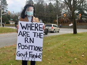 Staff and nurses at the Haldimand Norfolk Health Unit held a protest over their lunch hour on Nov. 13 to draw attention to their working conditions throughout the pandemic. Among them was Melanie Holjak, the Ontario Nurses’ Association bargaining unit president and a public health nurse at HNHU. Ashley Taylor/Postmedia