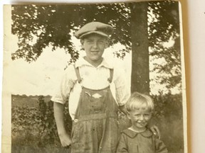 At right, Manley Ignatius Fraleigh, and his cousin Harold C. Lea of Detroit, Michigan. In this photo, Manley Fraleigh is about four and his cousin is about 10. On the back of the photo is written, "Harold & Manley Fraleigh Died in War." Manley Fraleigh's cousin was also killed, while serving in the US Army, during the Second World War. Photo provided by Anne Marie Fraleigh.