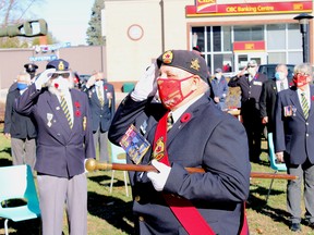 The Royal Canadian Legion Br. 18 sergeant-at-arms salutes during the marching off of the flags at the Remembrance Day ceremony on Nov. 11 in Wallaceburg. Jake Romphf