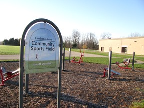An outdoor activity area was developed behind Lambton-Kent Composite School in Dresden several years ago as part of a multi-year project. The final part of the project, a new baseball diamond, is now being installed. Photo taken Thursday, Nov. 12, 2020. Peter Epp/Postmedia