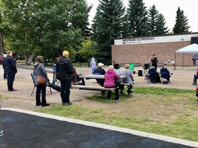 Fort Saskatchewan-Sherwood Park MP Garnett Genuis pictured with constituents at an outdoor townhall in Sherwood Park on Sept. 14, 2020. The local MP held a series of online roundtables this month. Photo Supplied via Facebook / Garnett Genuis