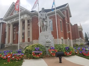While most towns held Remembrance Day ceremonires online, Hanover Royal Canadian Legion members received permission from the Town of Hanover to hold a small service at the cenotaph. The public was asked not to attend. KEITH DEMPSEY
