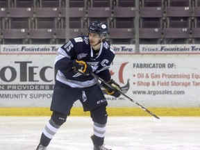 Grande Prairie Storm captain Dan McIntyre in Alberta Junior Hockey League action against the Bonnyville Pontiacs last Saturday night at Revolution Place. The Storm are in Spruce Grove this weekend for a two-game set against the first-place Saints.