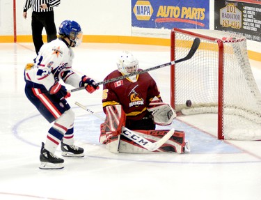 Rayside-Balfour Canadians forward Gavin Brown watches as his shot beats Timmins Rock goalie Gavin McCarthy but sails just wide of the post during the first period of Saturday night’s NOJHL contest at the McIntyre Arena. The Rock cruised to a 7-2 victory in their home opener, giving them three-straight wins over the Canadians to start the 2020-21 regular season. THOMAS PERRY/THE DAILY PRESS/POSTMEDIA NETWORK