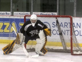 Grande Prairie Storm netminder Lars Kaliel in practice action at Revolution Place on Nov. 16. Kaliel was not at main camp back in late August, seemingly looking toward a future without hockey, but that notion changed soon after. The Storm picked up three points this past weekend following a regulation win and shootout loss to the Spruce Grove Saints. The Lloydminster Bobcats are here this weekend for two games.