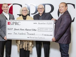 Paul and Coreen Evaskevich present a half-million dollars to GPRC President Dr. Robert Murray on Thursday. Pictured left to right are Dr. Robert Murray, Coreen and Paul Evaskevich and Grant Evaskevich.