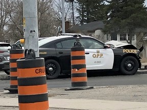 An OPP cruiser involved in a collision at 3:08 pm Sunday at  Algonquin Avenue and the Highways 11/17 Bypass.
Nugget Photo