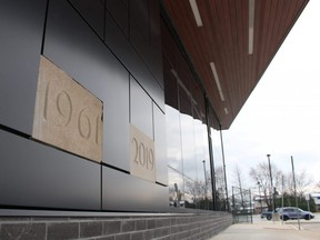 Panels on the outside wall of an addition at Great Lakes Secondary School in Sarnia mark the building's original construction in 1961 as St. Clair Secondary School, and its recent expansion as the home of Great Lakes.