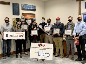 The Huron Manufacturing Association recently announced winners of its annual scholarships. From left are: Glen Manjin of Libro Credit Union, sponsor; Breanne Stafford of Community Futures Huron, sponsor; Brad Robinson of Britespan Building Systems Inc., sponsor; Kassidy Martin of Britespan Building Systems, sponsor; Ki Westelaken with HMA Specialist High Skills Major Scholarship Award; Jonathan Govier with HMA Apprenticeship Scholarship Award; Justine Clark with HMA Specialist High Skills Major Scholarship Award; Ethan Hewitt with HMA Apprenticeship Scholarship Award; Keegan Gray with HMA Apprenticeship Scholarship Award; Kyle Dunn with HMA Apprenticeship Scholarship Award; Turner Consitt with HMA Specialist High Skills Major Scholarship Award; and Larry Livingston, chair of the Huron Manufacturing Association. Absent is sponsor Luke Janmaat of Progressive Turf Equipment. Handout