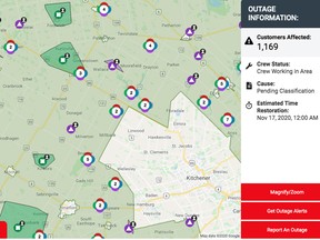 A power outage map from Hydro One shows the scope of damage from the Nov. 15 storm. It left thousands of people without power for upwards of 36 hours. Handout