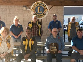 Richard Erb of the Zurich Lions was awarded a Melvin Jones Fellow, and his name has been added to the Lions Room Hall of Fame at Lions International Chicago. Above are members of the Zurich Lions. In front from left are Cecilia Fulker, Shawn LaPorte, Richard Erb and Wayne Thiel, while back from left are Jeff LaPorte, Debra LaPorte, Jim Zimmerman, Jason Becker, Allan Fulker and John Becker. Handout