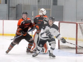 Fairview Flyers defender Noah Ross and goaltender Alex Sawchuk in North West Junior Hockey League action against the County of Grande Prairie Kings back in October of last season. The Flyers open the regular season on Nov. 28 when the Sexsmith Vipers come to town for an 8 p.m. puck drop at the arena.