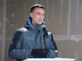 Grande Prairie Mayor Bill Given speaks during a Habitat for Humanity event within the Northridge neighbourhood in Grande Prairie, Alta. on Tuesday, Oct. 20, 2020.