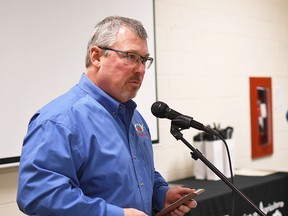 Jay Cunningham speaks at the Kent Federation of Agriculture annual general meeting after being elected president of the organization in December 2019. The Kent Federation and the Chatham-Kent Association of Christian Farmers have delivered a position statement to municipal council, expressing concerns about paying higher taxes for services they don’t believe will be improved. Tom Morrison/Chatham This Week