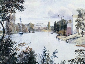 The Thames River, looking east from the lower bend, Barracks grounds (Tecumseh Park) in the background. The painting dates from 1838. John Rhodes image