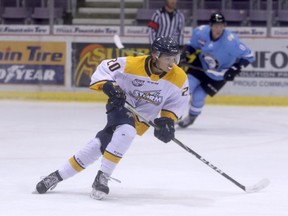 Grande Prairie Storm forward Hudson Foley in action during the club’s intrasquad game in early September at Revolution Place. At the recent Storm jersey auction Foley’s jersey went for $7,000 to Leyman Distributing of Grande Prairie. The Teepee Creek teen was injured on Oct. 31, when he was checked into the boards head first during an AJHL exhibition game against the Fort McMurray Oil Barons.