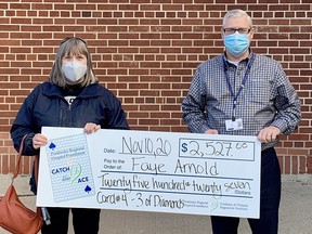 Pembroke Regional Hospital Foundation Executive Director Roger Martin presents Catch the Ace online week number 17 winner Faye Arnold with a cheque for $2,527. Submitted photo