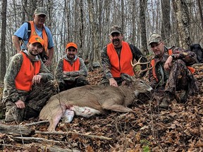 From left, Jack Drouin, Jim Bindon (upper left), Randy Drouin, the author, and Kenny Campbell, pose with the wily mountain whitetail buck they call Big 6. Submitted photo