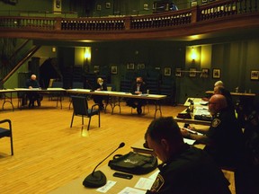 The Stratford Police Services Board met in-person – and safely socially distanced – Wednesday evening in the Stratford city hall auditorium for the first time since before the COVID-19 pandemic hit the region in March. Decisions on whether future police-board meetings can be held in-person will be based on direction from Huron Perth Public Health. (Galen Simmons/The Beacon Herald)