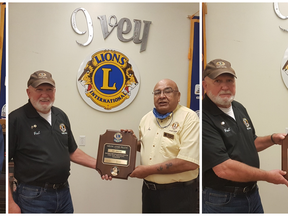 Three Port Dover Lions received Melvin Jones Fellowship awards this month presented by outgoing president, Paul Boulanger. From left, recipients were Brian Jamieson, Joe Greene, and John Hall. (CONTRIBUTED)