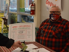 Spirit of Giving volunteer Kevin Hutt accepts donations at O'Reilly's Your Independent Grocer in Prescott. The annual Christmas program distributes food and toys to households in the South Grenville area.
Tim Ruhnke/The Recorder and Times