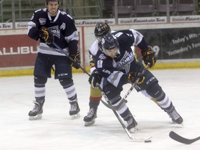 Cade Mason (far left) of the Grande Prairie Storm won the Alberta Junior Hockey League Defensive Player of the Week award after a four-point weekend against the Spruce Grove Saints. Mason is tied for the top spot in league scoring with one goal and six assists in four games