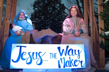 Emma McLaren, 9, and Myles McLaren, 11, were part of a nativity scene on a parade float by Bethel Church in Sunday’s Parade of Lights in Stratford.
Chris Montanini/Stratford Beacon Herald