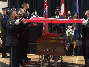 An emotional funeral service was held for Const. Marc Hovingh, an OPP officer who was killed recently in the line of duty, on Saturday, Nov. 28, 2020. SCREENGRAB / FACEBOOK LIVESTREAM