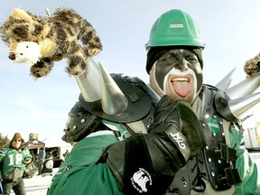 Saskatchewan Roughriders fan Norm Tatton from Saskatoon was dressed up and in the mood for a great time as he headed towards Mosaic Stadium in Regina before the start of the 101st CFL Grey Cup between the Saskatchewan Roughriders and the Hamilton Tiger-Cats in 2013. File photo/Postmedia