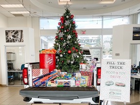 The Fill the Truck campaign truck at the Riverview GM showroom in Wallaceburg. Submitted