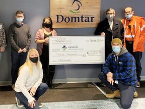 A cheque from Domtar helped kick off fundraising efforts for the Espanola Regional Hospital and Health Centre. Shown are: Ken Makata, maintenance superintendent; Richard White, maintenance manager; Carol Lapointe, mill manager; Darla Southwind, executive assistant; hospital foundation chair, Mike Dunn. In front: Angela Vuorensyrja, HR advisor; and Nick Siren, accounting.
