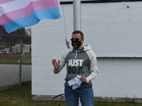 For the second year in a row, Lanny Irving had the honours of raising the flag for Transgender Day of Remembrance, which took place at the Davidson Centre on Friday, November 20. Photo courtesy of The Municipality of Kincardine.