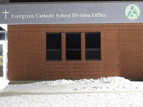 The Evergreen Catholic School Division office sits silent at night in Spruce Grove. Division leadership said the changes to schooling in the province due to a second wave of COVID-19 have not impacted them that much.