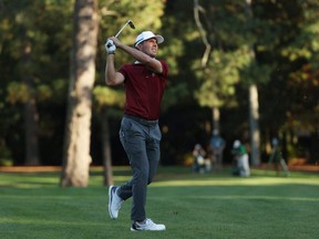 Mike Weir of Bright's Grove, Ont., plays a shot on the 13th hole during the second round of the Masters at Augusta National Golf Club on Nov. 13, 2020, in Augusta, Ga. (Patrick Smith/Getty Images)