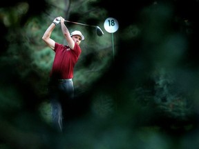 Mike Weir of Bright's Grove, Ont., plays his shot from the 18th tee during the second round of the Masters at Augusta National Golf Club on Nov. 13, 2020, in Augusta, Ga. (Patrick Smith/Getty Images)