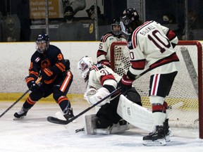 PETER RUICCI/Sault Star

Soo Thunderbirds winger Parker Morgan (left) cuts towards Blind River netminder Wyatt Courchaine in NOJHL action at John Rhodes Community Centre