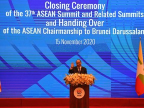 Vietnam's Prime Minister Nguyen Xuan Phuc takes part in the closing ceremony of the Association of Southeast Asian Nations (ASEAN) summit being held online in Hanoi on November 15, 2020. (Photo by NHAC NGUYEN/AFP via Getty Images)